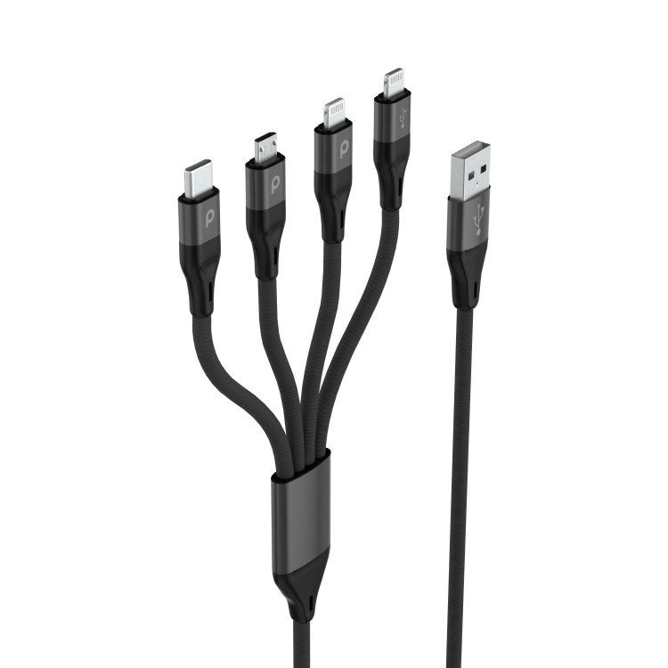 Porodo 4 in 1 Aluminum Braided Cable 1.2M 2.4A  (Lightning 2X / Micro USB / Type-C )