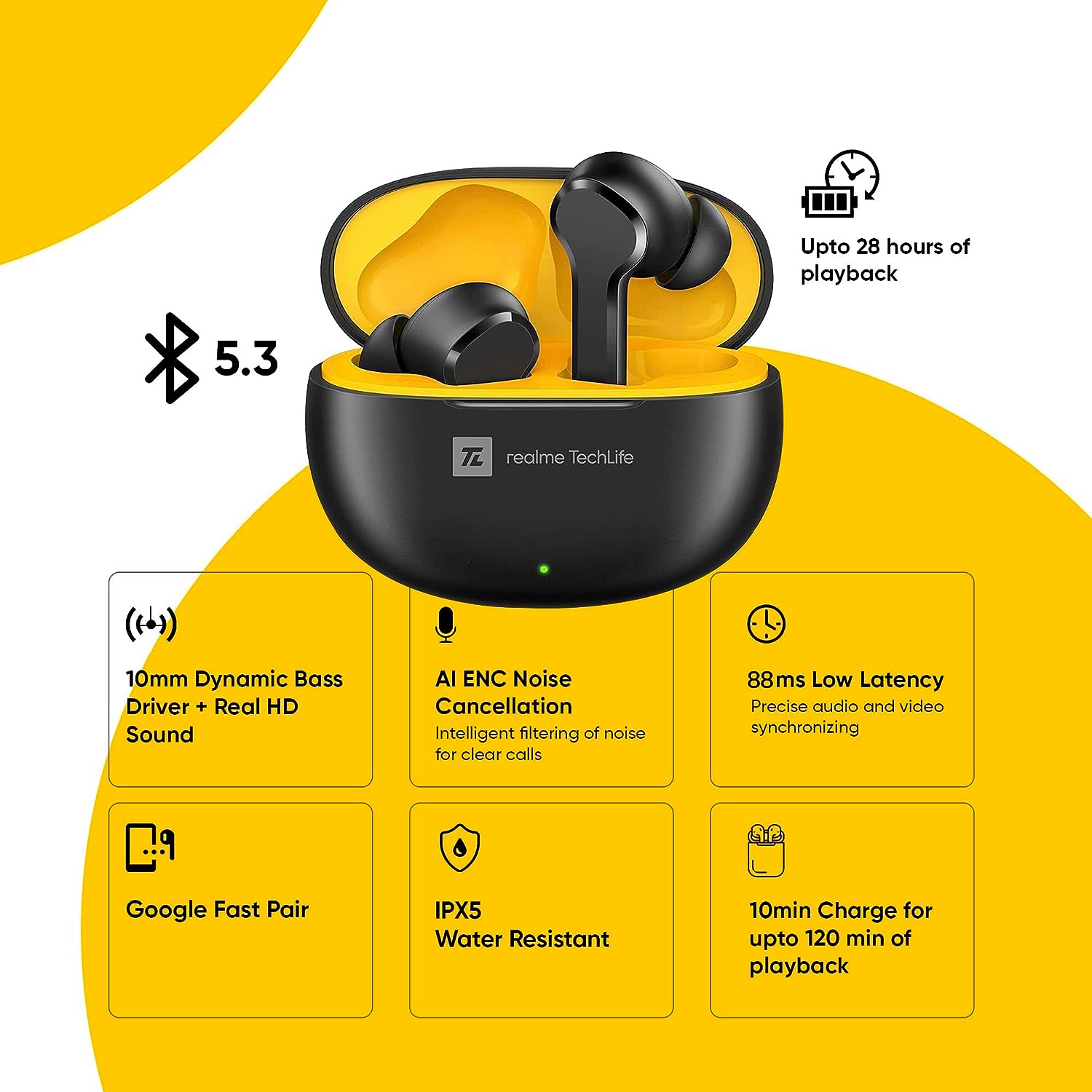 Realme TechLife Buds T100 Bluetooth Truly Wireless in Ear Earbuds with mic