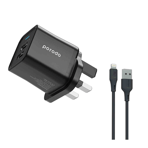 Porodo Dual USB Wall Charger 2.4A UK with PVC Lightning Cable