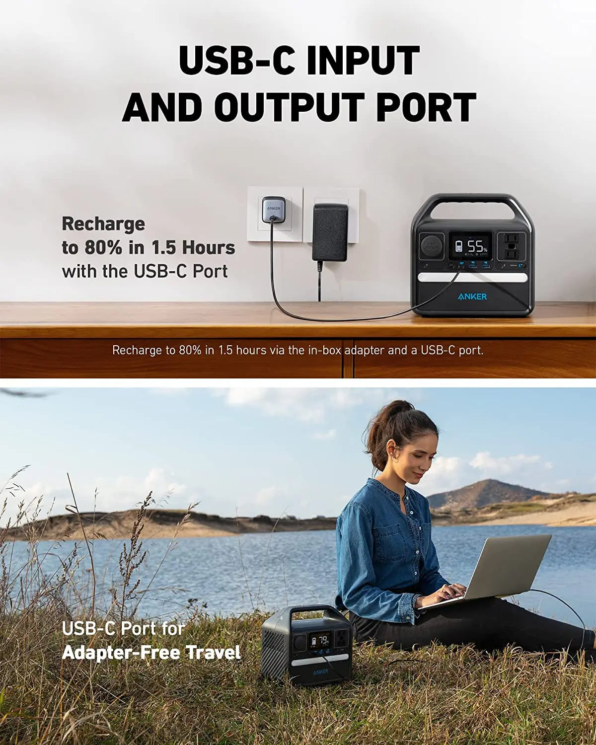 Anker Portable Power Station 256Wh: 521 Portable Generator, 200W 5-Port Outdoor Generator Featuring 1 AC Outlet, 60W USB-C PD Output, LiFePo4 Battery Pack, LED Indicators
