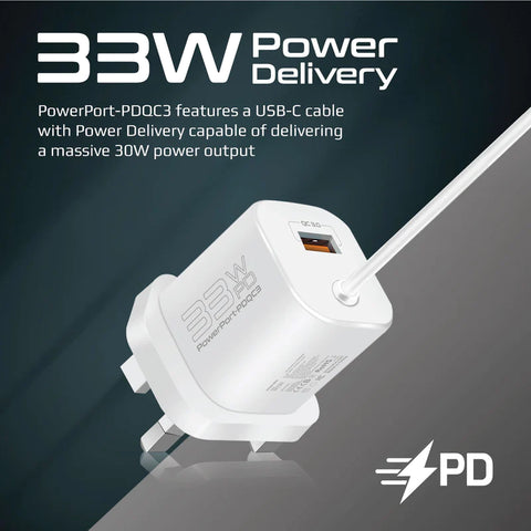 Promate PowerPort-PDQC3 33W Super Speed Wall Charger with Quick Charge 3.0 & USB-C Power Delivery