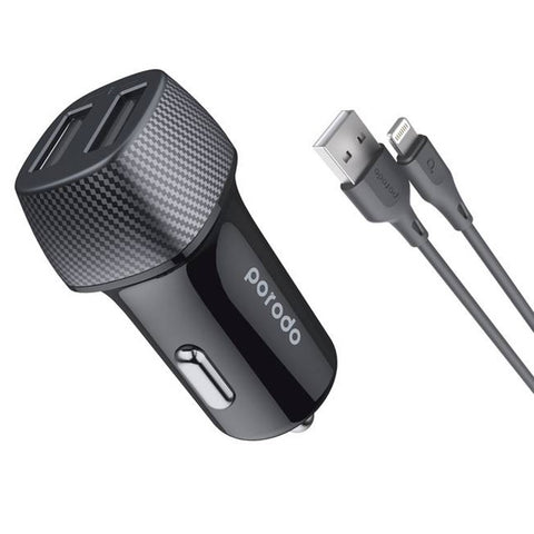 Porodo PD-34CCV2L-BK Dual Port Car Charger 3.4A with 3 Feet Lightning Cable - Black