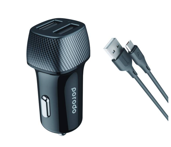 Porodo PD-34CCV2M-BK Dual Port Car Charger 3.4A with 3 Feet Micro USB Cable - Black