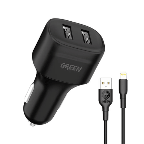 Green Lion Dual Port Car Charger 12W with PVC Lightning Cable - Black