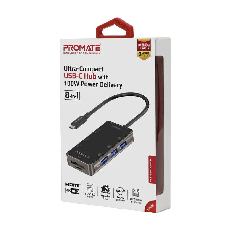 Promate PrimeHub-Mini Ultra-Compact USB-C Hub with 100W Power Delivery