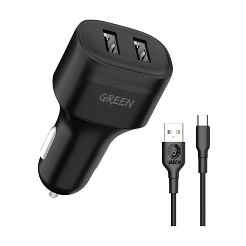 Green Lion Dual Port Car Charger 12W with PVC Type-C Cable - Black