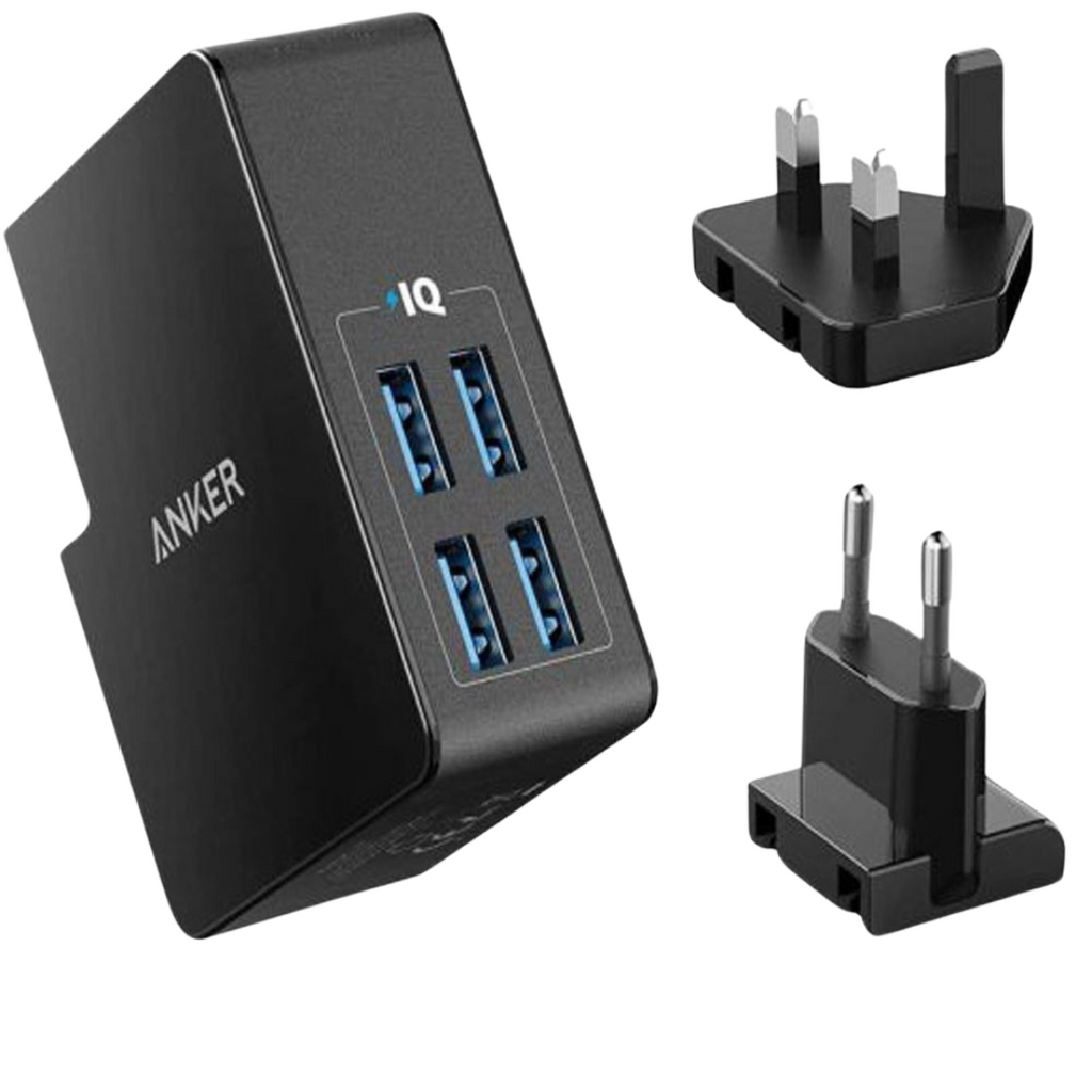 Anker PowerPort 4 Lite USB Plug Charger: a compact 4-port charger delivering 5.4A/27W. Compatible with various devices including iPhone XS/XS Max/XR/X/8, Galaxy S8/Note 3, iPad Air 2/mini 3, and more. Comes with interchangeable UK and EU travel adapters