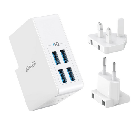 Anker PowerPort 4 Lite USB Charger - 4-Port, 5.4A/27W, with UK/EU Adapters
