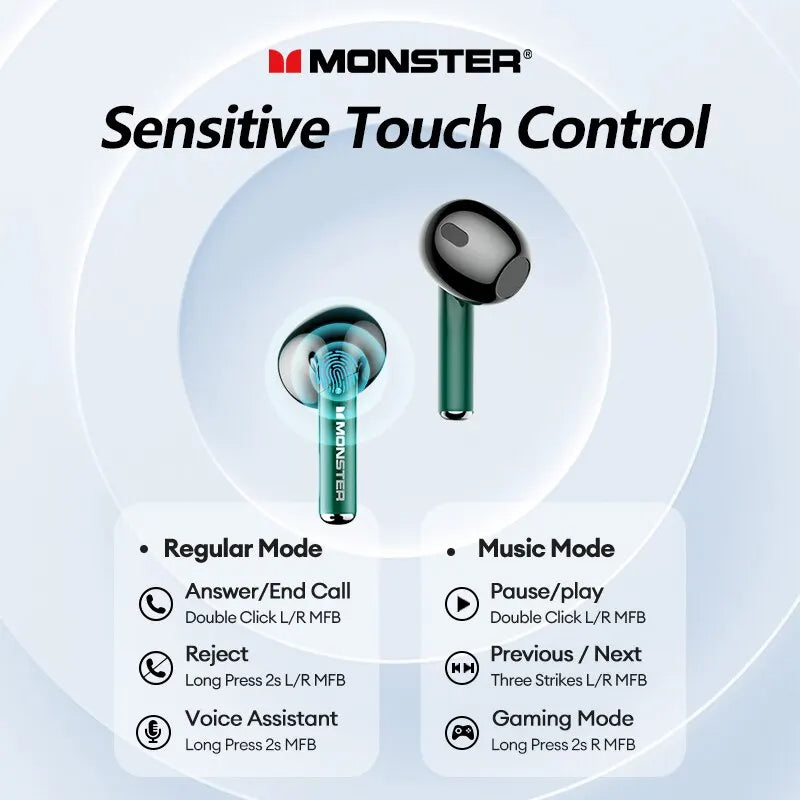 Monster XKT16 Bluetooth 5.3 Wireless Gaming Earphones: HiFi Sound, HD Call, Touch Control, Dual Mode