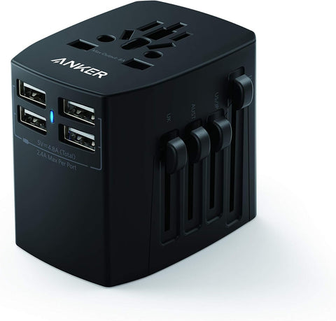 Anker Universal Travel Adapter with 4 USB Ports, Interchangeable Charger for iPhone XS/XS Max/XR/X/8, Galaxy S8/Note 3, iPad Air 2/Mini, and more.