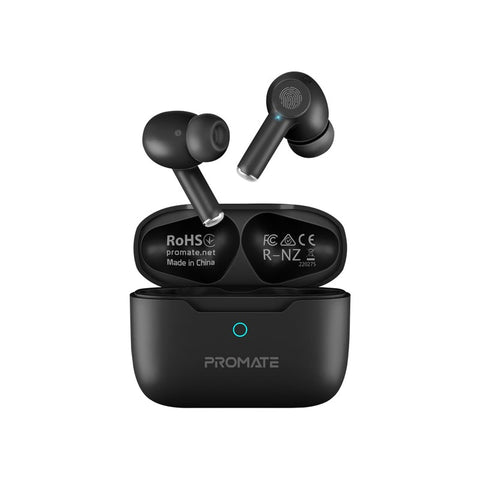 Promate True Wireless Earbuds, Bluetooth v5.3, ANC, 25H Playback, Touch Controls, Charging Case - Black