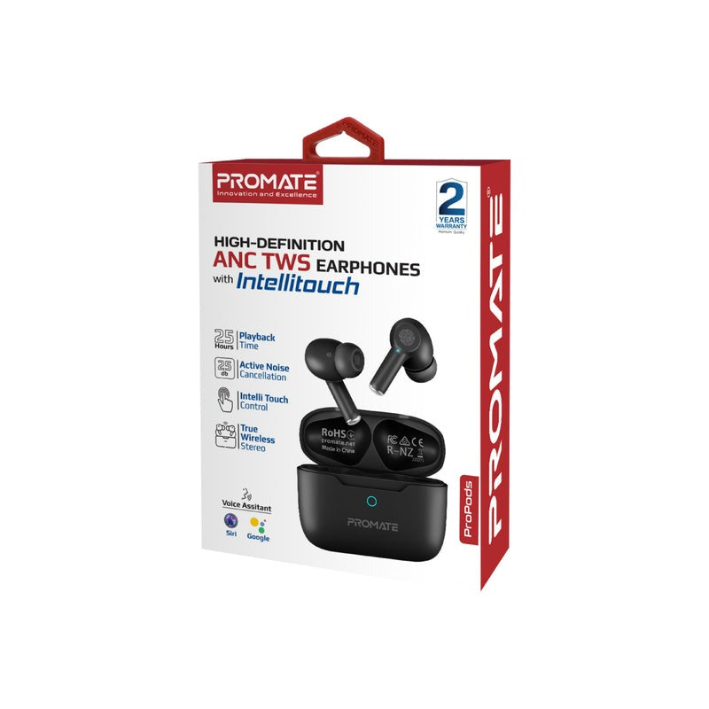 Promate True Wireless Earbuds, Bluetooth v5.3, ANC, 25H Playback, Touch Controls, Charging Case - Black