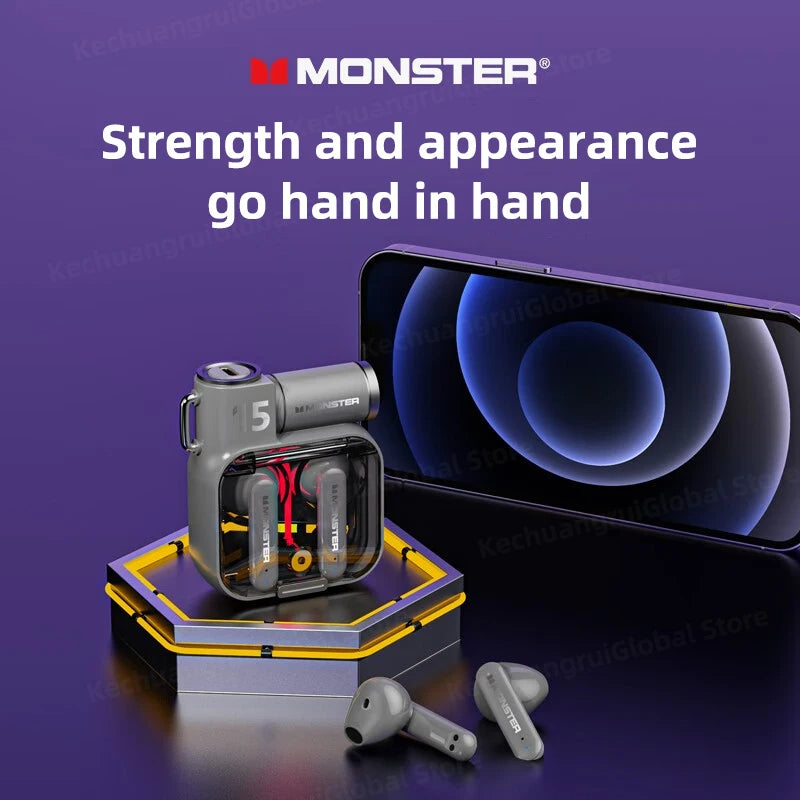 Monster XKT15 Bluetooth 5.3 Wireless TWS Gaming Earphones: RGB Flip Cover Design, Low Latency Headset