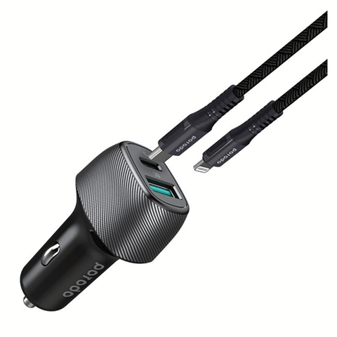 Porodo Dual Port Car Charger with Braided Type-C to Lightning Cable
